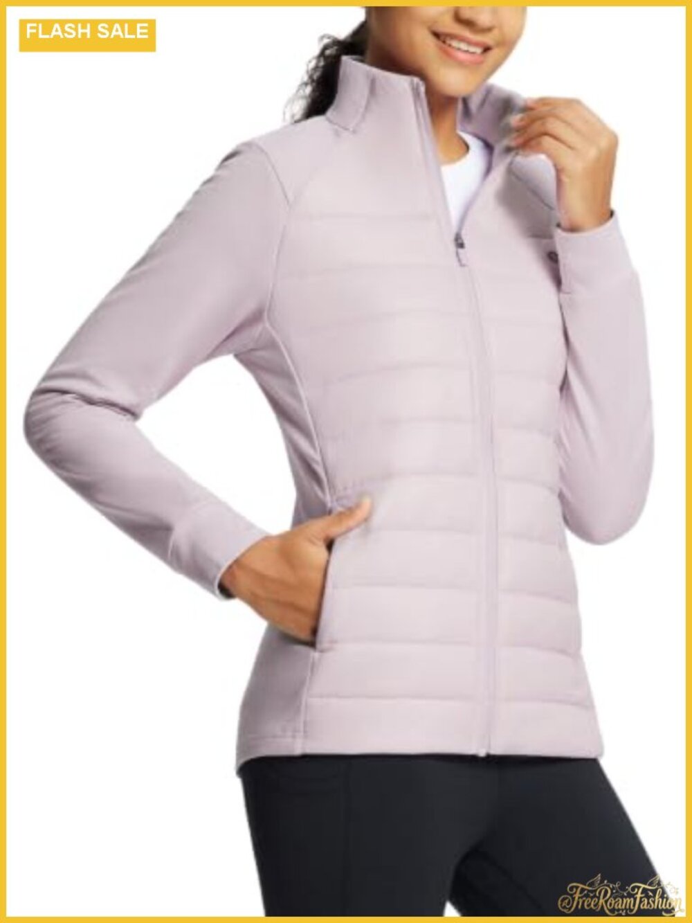 Women's Lightweight Quilted Running Jacket Zip Pockets Stand Collar